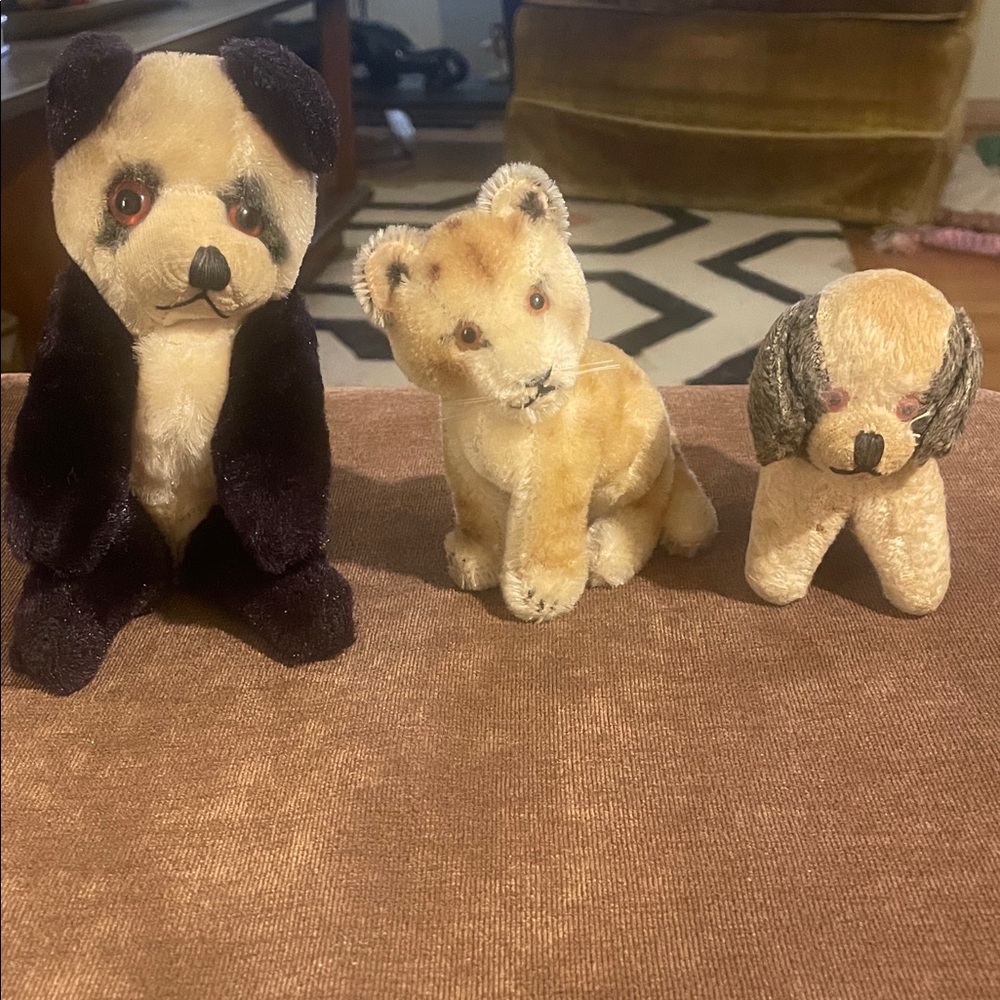 Vintage Mini Plush Animal Set - Steiff Cub, Panda, and Dog.